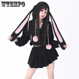 Women's Hoodies Rabbit Ear Black Sweet Hooded Coat Thin High Waisted Casual Zipper Cardigan Preppy Style Korean Fashion Fall