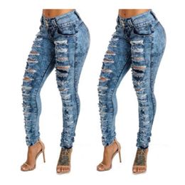 New Distressed High Waisted and Small Foot Multi Buttonhole Jeans for Women's Clothing