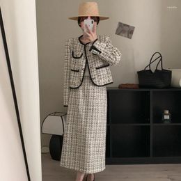Work Dresses High Quality Small Fragrance 2 Piece Sets Women Outfit Tweed Long Sleeve Coat Skirt Elegant Women's Suit Korean Fashion