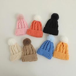 Hair Accessories Korean Kids Winter Hat Solid Colour Twist Knit Baby Beanie Big Furball Boys Girls Hats Wool Warm Infant 2-6 Years Old