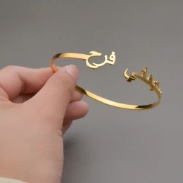 Bangles Custom Two Arabic Name Bracelet Personalised Nameplate Cuff Bangles Women Men Gold Colour Stainless Steel Jewellery Gifts