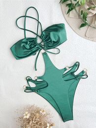 Women's Swimwear S - XL Cut Out Wrinkled Cross Back One Piece Swimsuit Women Female Strappy Monokini Bather Bathing Suit Swim K4638