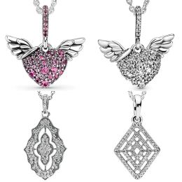 Sets Sparkling Heart & Angel Wings Classic Lace Geometric Lines 925 Sterling Silver Necklace For Europe Bead Charm DIY Jewellery