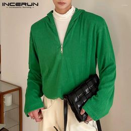 Men's T Shirts INCERUN Men Shirt Solid Color Lapel Long Sleeve Zipper Hooded Casual Clothing Streetwear Autumn Loose Korean Male Tee Tops