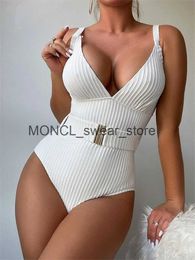 Women's Swimwear 2023 One Piece Womens Swimsuit Solid White V Neck Push Up Tummy Control Summer Bathing Suit Buckle Bodysuit MonokiniH24222