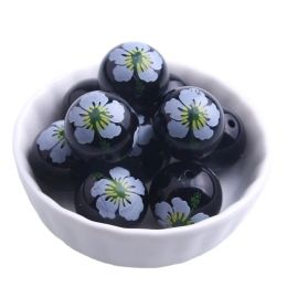 Necklaces Kwoi Vita Fashion 20mm 100pcs Chunky Black Solid Beads Print White Flower for Acrylic Necklace Jewelry