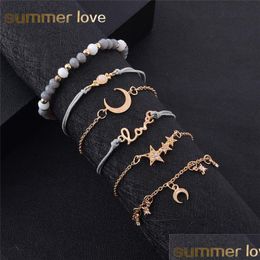 Bangle 6 Pcs/Set Gold Acrylic Bead Mtilayer Braided Rope Bracelet For Women Star Moon Love Crystal Pendant Classic Set Jewe Dhgarden Dhqrm