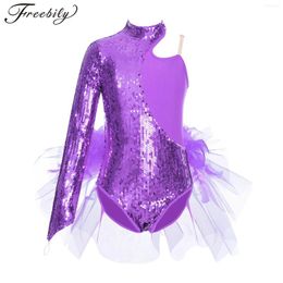 Stage Wear Kids Girls Ballet Dance Leotard Figure Skating Gymnastics Performance Costume Sparkly Sequins Feather Tutu Skirted Bodysuit