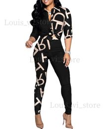 Women's Two Piece Pants Spring Autumn 2 Piece Set Suit Women Fashion Letter Print Black Casual Shirts Trousers Short Top+Pants Suit Clothes Women Sets T240222