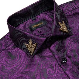 Brand Men's Purple Paisley Shirts Long Sleeve Business Formal Dress Button Shirt with Collar Pin Male Blouse Casual Tops DiBanGu 240125