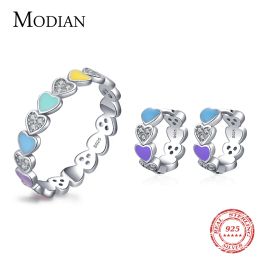 Sets Modian Authentic 925 Sterling Silver Love Hearts Jewelry Set Rainbow Enamel Clear CZ Rings & Earrings For Women Fine Jewelry