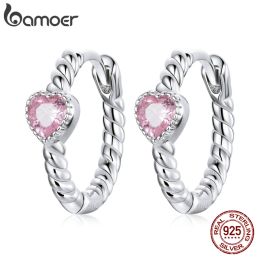 Earrings bamoer Pure Love 925 Sterling Silver Pink Gem Zircon Circle Earring for Women Wedding Statement Fashion Jewellery SCE1081