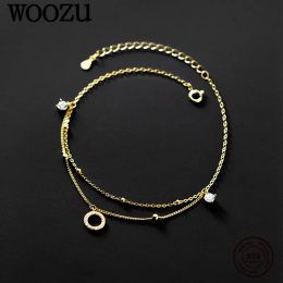 Anklets WOOZU Real 925 Sterling Silver Luxury Double Layer Bead Crystal Zircon Chain Anklet For Women Minimalist Foot Beach Jewelry Gift