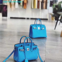Totes BK Genuine Leather Handbag Sky Blue Lychee Patterned Top Layer Cowhide Platinum Bag Genuine Leather Womens Bag Bright Soft Leather Handbag Sin with logo hbP0