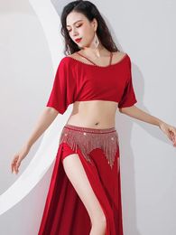 Stage Wear Women Belly Dance Costume French Bubble Sleeves Half Hollow Out Diamond Tassels Skirts Practise Performance Dancewear