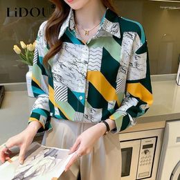 Women's Blouses Spring Autumn Polo-neck Printing Long Sleeve Blouse Ladies Casual Fashion All-match Buttons Top Women Elegant Bottoming