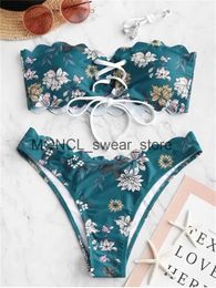 Women's Swimwear Ruffled Women Green Floral Print Off Shoulder Strapless Bikini Bandeau Lace Up Bandage Bathing Suit High Waist SwimsuitH24222