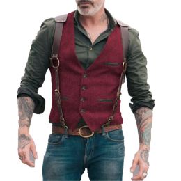 Vests Men wine Red Waistcoat Vest Man Steampunk Jacket Striped Tweed V-neck Slim Fit Gilet Wedding Clothing Vest