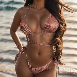 Women's Swimwear 20024 New sexy swimsuit bikini hot stamping solid color lace-up split swimsuit backless swimsuit wholesale T240222