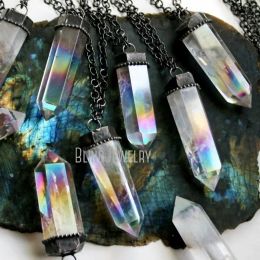 Necklaces Nm40772 Angel Aura Clear Quartz Point Crystal Tower Necklace Rainbow Crystal Obelisk Obsidian Tower Necklace Halloween Jewellery