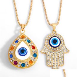 Pendant Necklaces Fatima Hand Pendant Necklace Turkey Evil Blue Eyes Diamond Sweater Chain Hollow Lucky Pendants Adjustable Sliver Gol Dhnx0