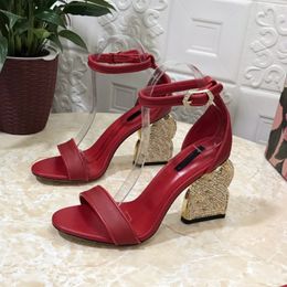 Luxury High Heel Sandals Gold Diamond Buckle Heel Summer Crystal Sandal Ankle Strap Pumps Height Bright Dinner Dress Shoes Special-shaped Heel Top Quality 35-43