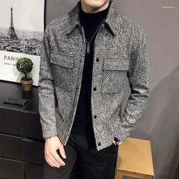 Men's Jackets 2024Autumn/Winter Men Polo Neck Woollen Jacket Fashion Slim Fit Suit Coat HighQuality Chequered Multi Pocket Korean Casual