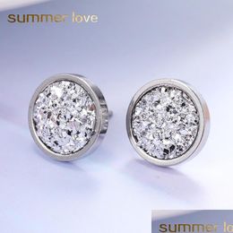 Stud New Titanium Steel Stud Earrings For Women Men Fashion 12Mm Handmade Round Crystal Druzy Trendy Simple Jewellery Gift Drop Deliver Dhiet