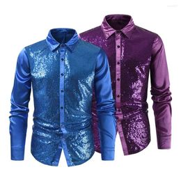 Men's Casual Shirts Sequin Embellished Men Shirt Shiny Performance For With Turn-down Collar Single-breasted Design Long Club