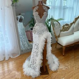 Luxury Diamond Prom Dresses 2024 Lace Rhinestone Feathers Mermaid Party Gowns Evening Dress Backless robes de soiree