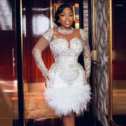 Party Dresses Luxury Short Prom Beads Crystals Feathers See Through Long Sleeves Evening Gowns Celebrity Pageant Aso Ebi Robe