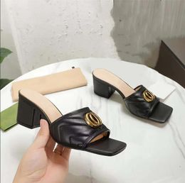 Top Brand Women's High Heels Slip On Slippers House Gold-toned Metal Double Button Flip-flops Footwear Elegant Lady Casual Walking EU35-43