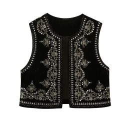 Waistcoats Women Vintage O Neck Sequins Flower Embroidery Short Vest Jacket Ladies Sleeveless Casual Velvet WaistCoat Tops