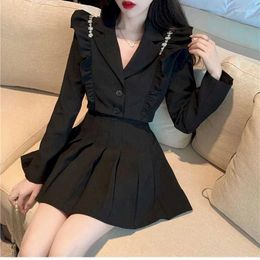 Two Piece Dress Lnsozkdg Women's Jacket Long Sleeve Student Pleated Skirt Suit Female Grey Blazer Lady Office Work Blazers Short Sets