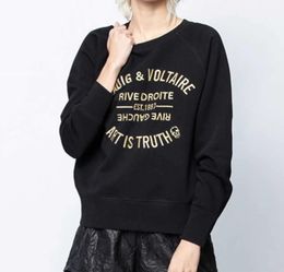 Zadig Voltaire Women Designer Sweatshirt zv Fashion Black Classic Letter Embroidery Cotton White Loose Pullover Jumper Sweater Women