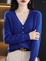 Women's Knits Aliselect Fashion Women Merino Wool Sweater V-Neck Long Sleeve Spring Autumn Cardigan Clothing Knitwear Tops