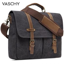 Backpack Vaschy Vintage Men Briefcase Water Resistant Canvas Messenger Bag for 15 in Laptop Business Satchel Padded Shoulder Bags Male