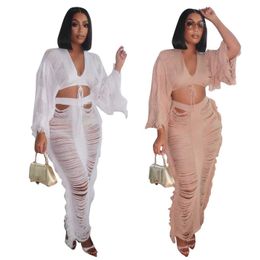 Basic Casual Dresses 2023 New crochet hollow tassel 2-piece beach set sexy womens flame sleeve crop top+tight long skirt swimsuit J240222