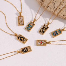 Pendant Necklaces Ins Fashion Retro Selling Jewelry Stainless Steel Rectangular Drop Oil Zircon Tarot Necklace Lady Temperament High Quality