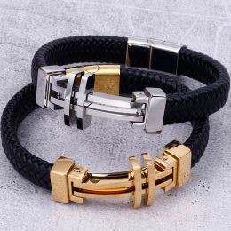 Bracelets Braided Leather Hand Bands For Men Gold Plated Stainless Steel Cross Shape Men's Bracelets With Magnet Closure Logo Engraveable