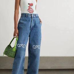 Loewew Jeans Designers Women Fashion Luxury Loeewewe Jeans Lowewes Jeans Threaded Hollowed Out Letter Graphic Denim Pants Casual Long Straight Denim Fashion 7012