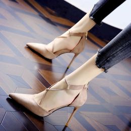 Women Dress Shoess High Heels Sexy Apricot Single Shoes Spring/summer Fresh French Black Suede Fine Heel Sandals with Pointed Ties