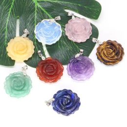 Necklaces 25mm Rose Flower Pendant Natural Healing Crystal Stone Carving for Quartz Jewellery Making Necklace Valentine Love Gifts Wholesale
