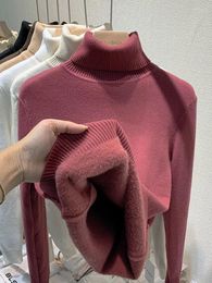 Women's Sweaters 2024 Elegant Thicken Velvet Lined Warm Sueter Knitted Pullover Slim Tops Jersey Knitwear Jumper Turtleneck Winter Sweater