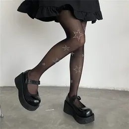 Women Socks Musuos Mesh Tights Y2k Streetwear Star Rhinestone Pantyhose Leggings Elastic High Waist See-Through Stockings