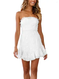 Casual Dresses Women Summer Short Beach Dress Swiss Dot Mini Backless Strapless Tube Solid Ruffle Hem
