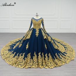 Alonlivn100% Real Photos Luxury Ball Gown Wedding Dress With Beading Rhinestones Pearls Golden Embroidery Lace Full Sleeve Colorful Bridal Gowns
