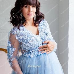 Casual Dresses Elegant Blue Tulle Maternity With Long Train Sleeves Lace Beadings Sheer Soft Pregnancy Dress