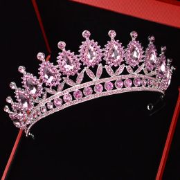 Jewelry KMVEXO 2019 New Pink Drop Bead Bridal Handmade Tiara Bride Headband Crystal Rhinestone Diadem Queen Crown Wedding Hair Accessory