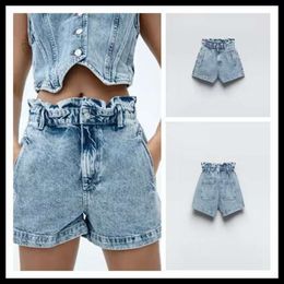 23 Summer European and American Vintage Denim Shorts Elastic High Waist Wide Leg Hot Pants Water Washed Paper Bag Shorts 6164106